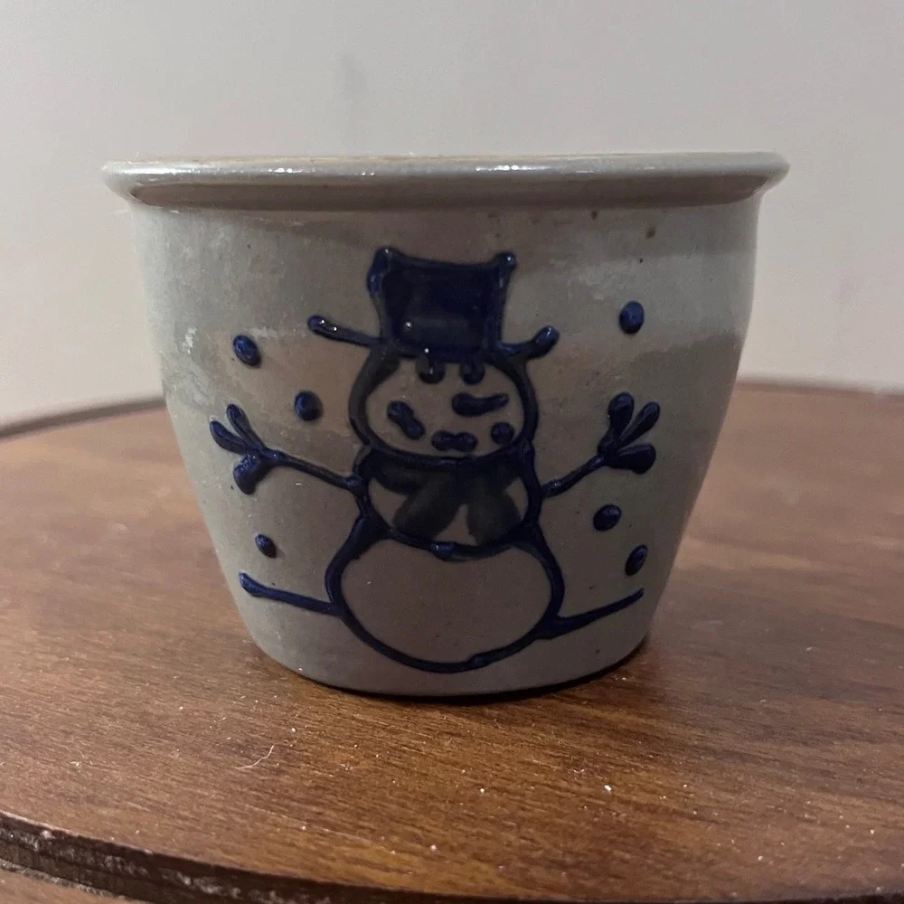 Vtg Blue Cobalt Snowman Salt Glaze Stoneware Small Crock Miniature Pot Gray